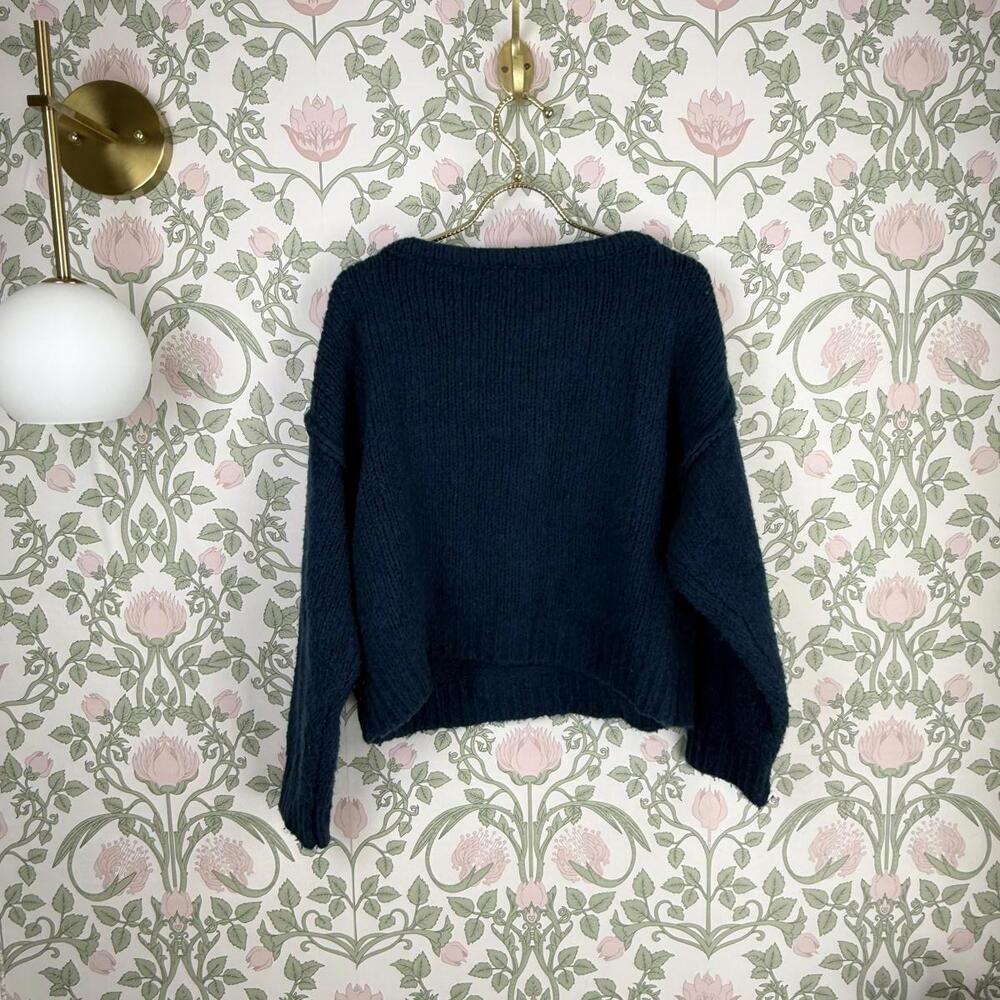 Anthropologie Scoopneck Wool Blend Cropped Navy Blue Knit Sweater - Size - Small - Picture 3 of 7